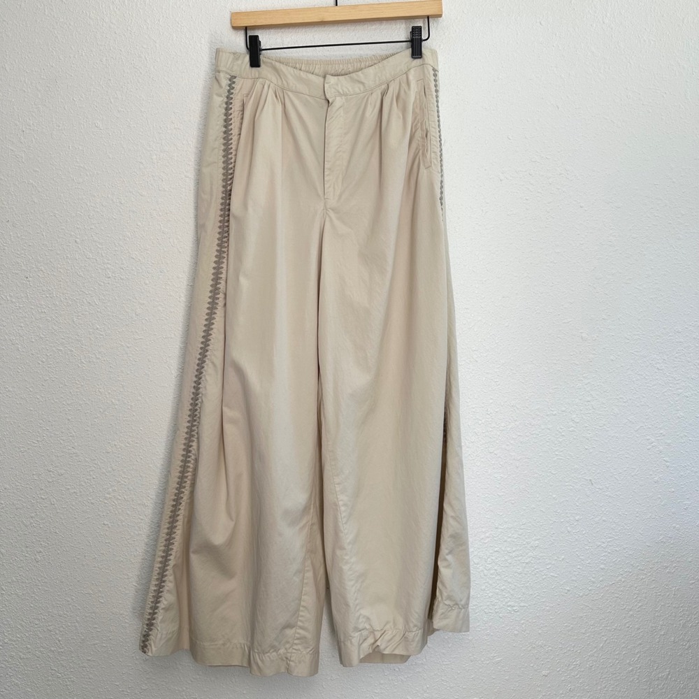 Anthropologie Pleated Embroidered Wide Leg Trouser Pant Women Large Beige Boho